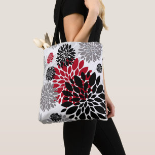 Tote Bag Gris rouge noir surdimensionné motif floral