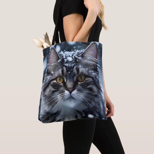 Tote Bag Gris Tabby Chat en neige (De près)