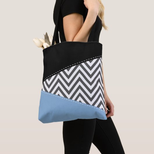 Tote Bag Gris Zigzag, Gris Chevron, Motif Zigzag, Bleu (De près)