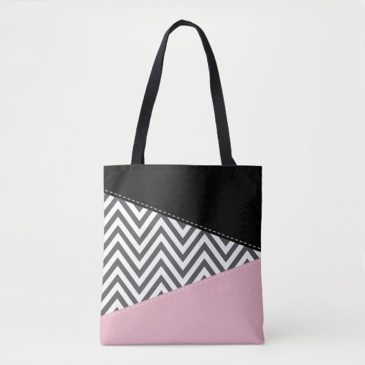 Tote Bag Gris Zigzag, Gris Chevron, Motif Zigzag, Rose (Devant)