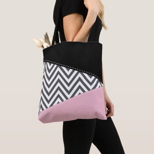 Tote Bag Gris Zigzag, Gris Chevron, Motif Zigzag, Rose (De près)