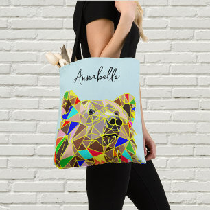 Tote Bag Grizzly coloré moderne - Nom personnalisé - bleu T