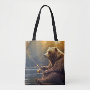 Tote Bag Grizzly Oear Animal Fun Lake Pêche Happy Time
