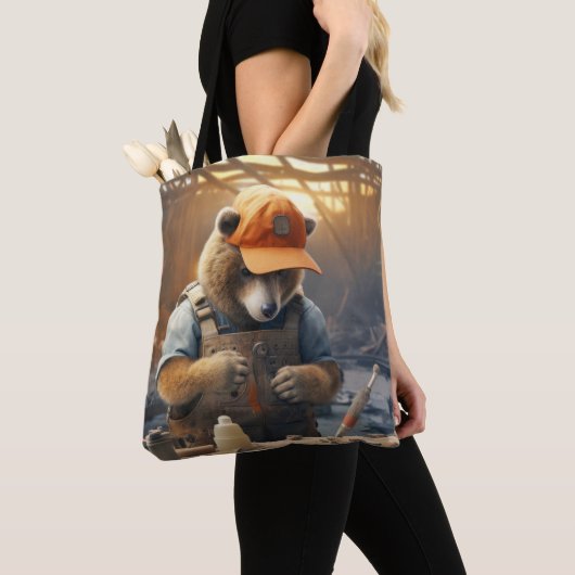 Tote Bag Grizzly Oear Animal Fun Work Handyman Happy Time (De près)