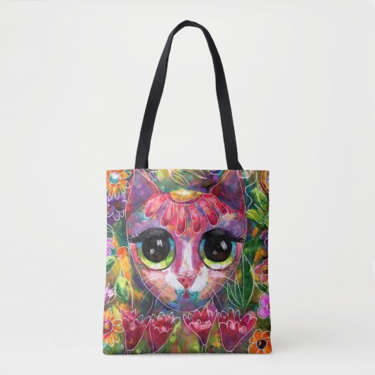 Tote Bag Gros chat impressionniste Whimsical en Fleurs (Devant)