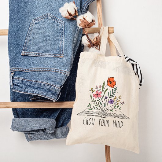 Tote Bag Grow your mind Boho Wildflower and book