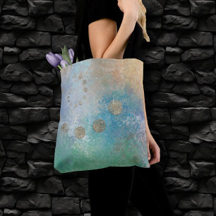 Tote Bag Grunge Côtière   Aquarelle bleu et vert or
