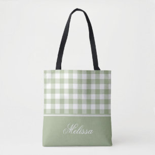 Tote Bag Guingan de vert sauge personnalisé