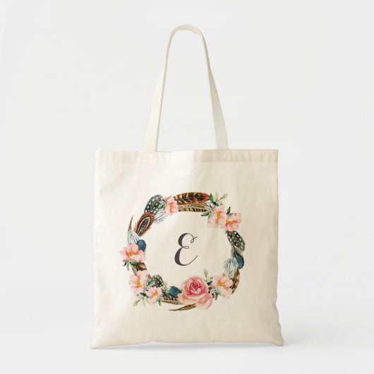 Tote Bag Guirlande florale d'aquarelle avec le monogramme (Devant)