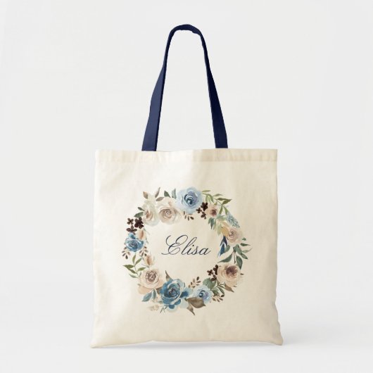 Tote Bag Guirlande florale de rose bleu poussiéreux de (Devant)