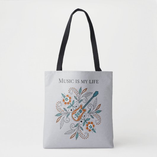 Tote Bag Guitare Boho Rock’n’Roll avec fleurs (Devant)