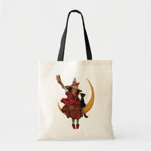 Tote Bag Halloween à l'ancienne, sorcière avec chat noir
