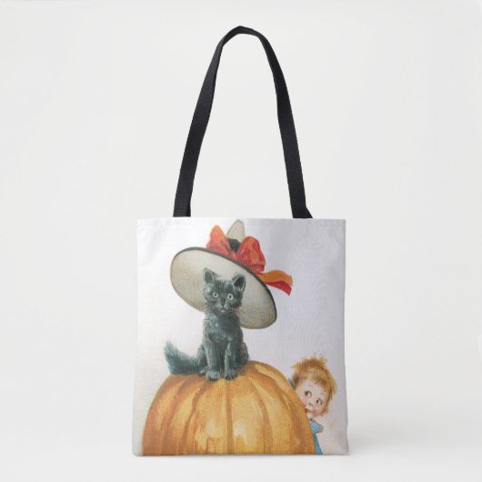 Tote Bag Halloween à l'ancienne, sorcière chat (Devant)