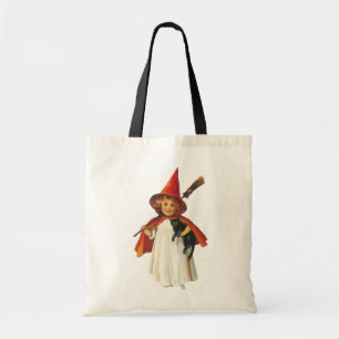 Tote Bag Halloween à l'ancienne, sorcière fille avec chat n