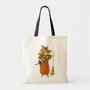 Tote Bag Halloween à l'ancienne, sorcière fille avec chat n