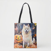 Tote Bag Halloween Akita Américain Avec La Peur Citrouille (Devant)