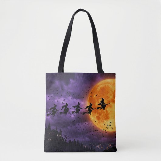 Tote Bag Halloween avec Lune et Sorcière (Devant)