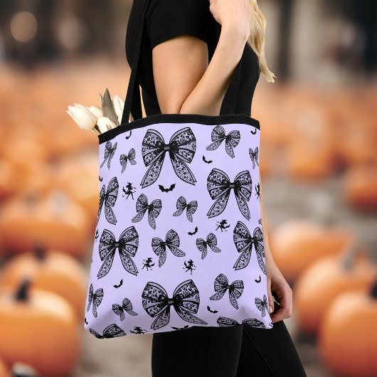 Tote Bag Halloween Black Bow Coquette Purple Witple