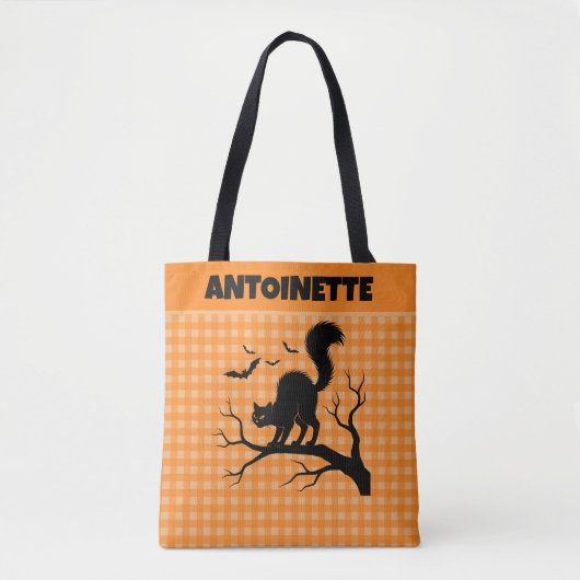 Tote Bag Halloween Black Cat on Tree Orange Gingham Plaid (Devant)