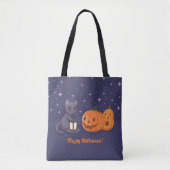 Tote Bag Halloween Black Cat Pumpkins Lantern Purple (Devant)