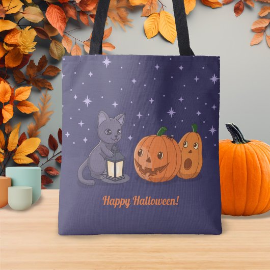 Tote Bag Halloween Black Cat Pumpkins Lantern Purple