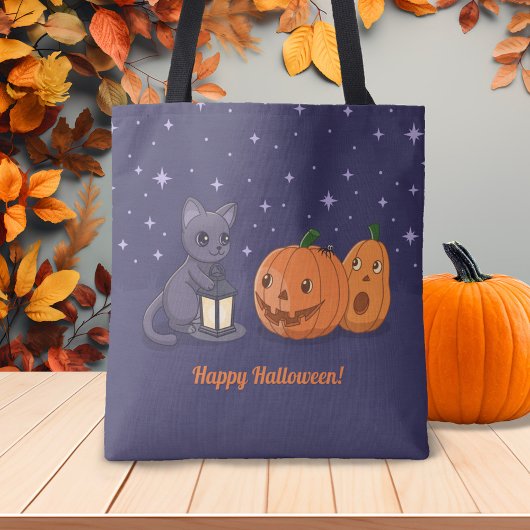 Tote Bag Halloween Black Cat Pumpkins Lantern Purple