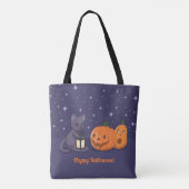 Tote Bag Halloween Black Cat Pumpkins Lantern Purple (Dos)