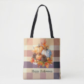 Tote Bag Halloween Brown Plaid Citrouille orange et blanc (Devant)