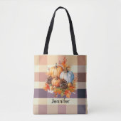 Tote Bag Halloween Brown Plaid Citrouille orange et blanc (Devant)