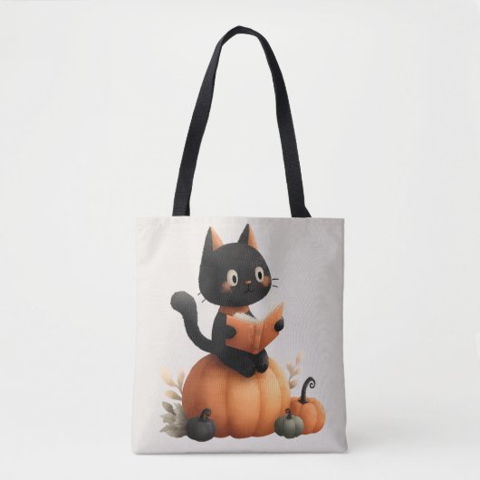 Tote Bag Halloween Chat noir Citrouille conception (Devant)