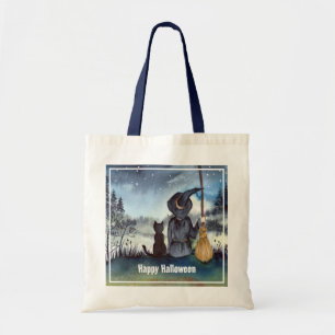 Tote Bag Halloween Chat noir et la Sorcière étoile nuit
