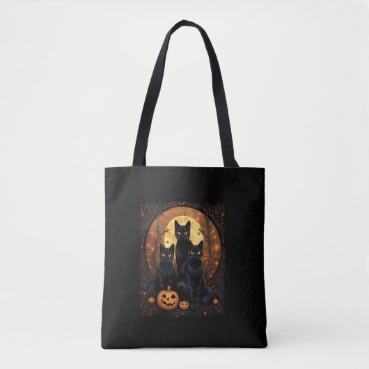 Tote Bag Halloween Chat noir Van Gogh Witch Kawaii Citrouil (Devant)