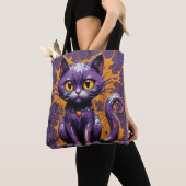 Tote Bag Halloween Chat Purple & Orange Design (De près)
