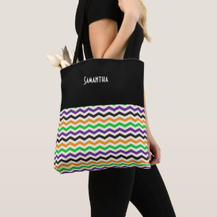Tote Bag Halloween Chevron vert violet noir orange Nom