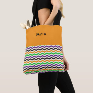 Tote Bag Halloween Chevron vert violet noir orange Nom