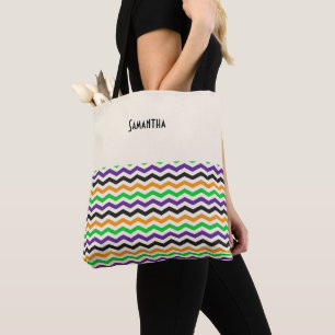 Tote Bag Halloween Chevron vert violet noir orange Nom