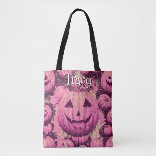 Tote Bag Halloween Citrouille rose monogramme (Devant)