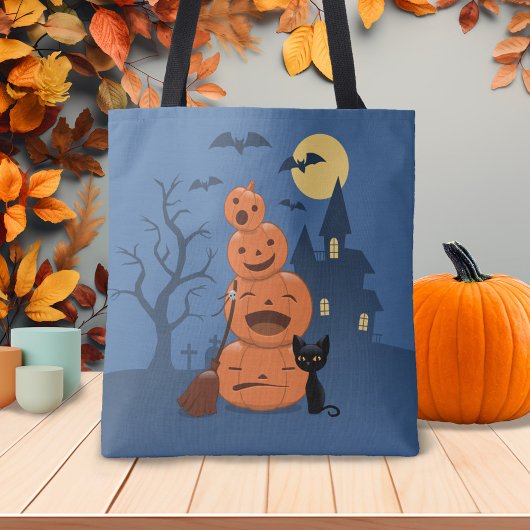 Tote Bag Halloween Citrouilles et chat noir