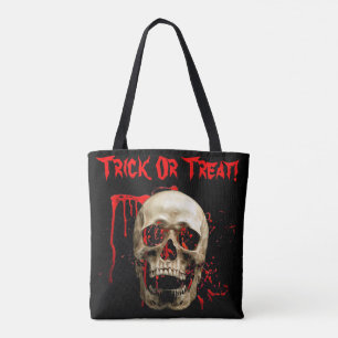 Tote Bag Halloween Crâne rouge et noir Tricot ou traitement