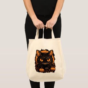 Tote Bag Halloween enchanté : Chat noir parmi les citrouill
