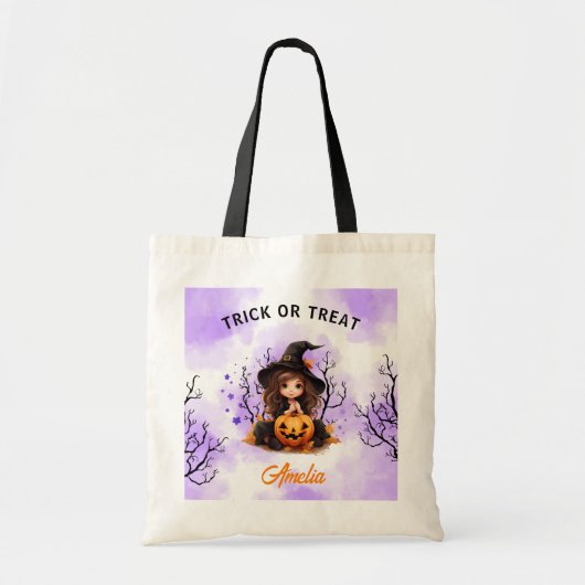 Tote Bag Halloween fille mignonne petit sorcière bonbon (Devant)