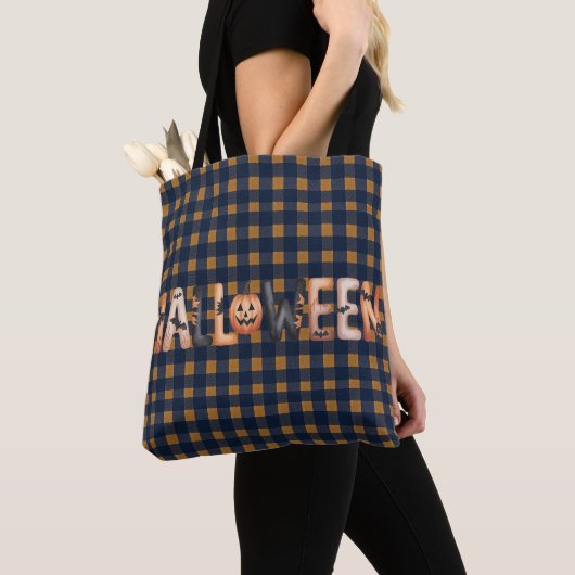 Tote Bag Halloween Gingham Lettering (De près)