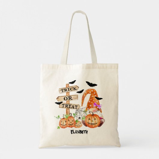 Tote Bag Halloween Gnome Jack-o'-lantern Bat Trick Ou Treat (Dos)