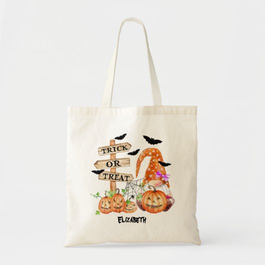 Tote Bag Halloween Gnome Jack-o'-lantern Bat Trick Ou Treat (Devant)