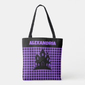 Tote Bag Halloween Haunted House Purple & Black Plaid Name (Dos)