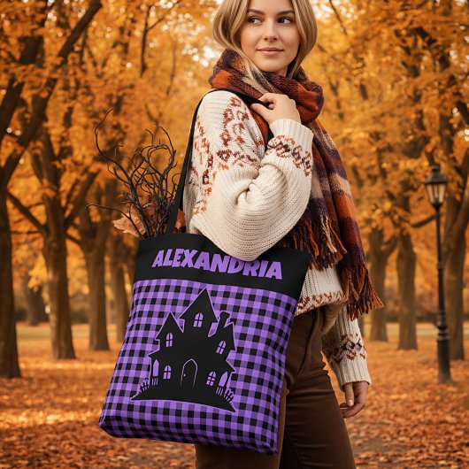 Tote Bag Halloween Haunted House Purple & Black Plaid Name