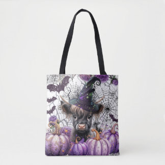 Tote Bag Halloween Highland Vache sorcière violet Citrouill