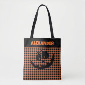 Tote Bag Halloween Jack-O-Lantern Orange & Black Plaid Name (Devant)