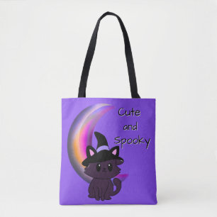 Tote Bag Halloween Kitty & Crescent Moon Cute Custom