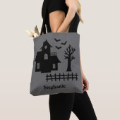 Tote Bag Halloween Maison Hantée Silhouette Et Nom Personna (De près)